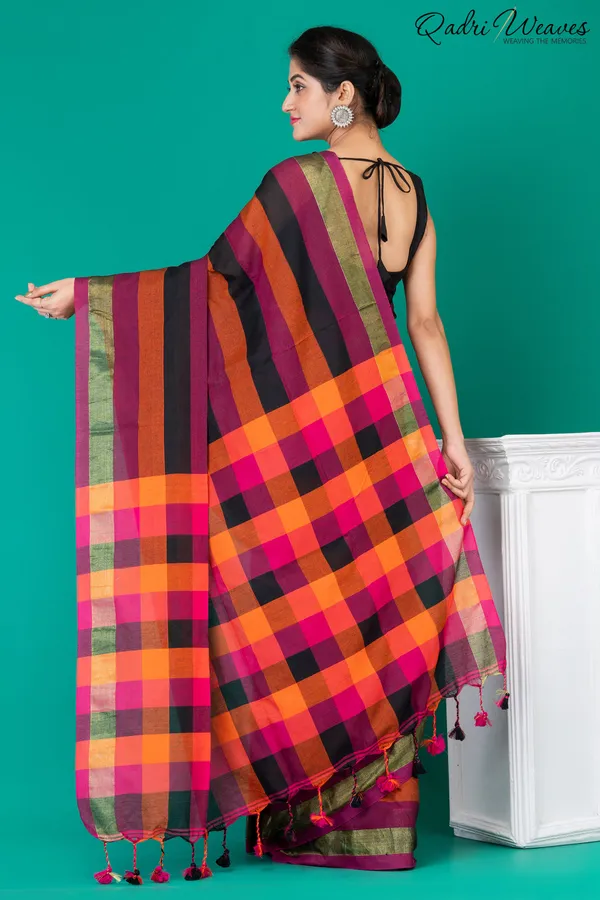 Purple_&_Mustard_Striped_Checkered_Pure_Cotton_Saree