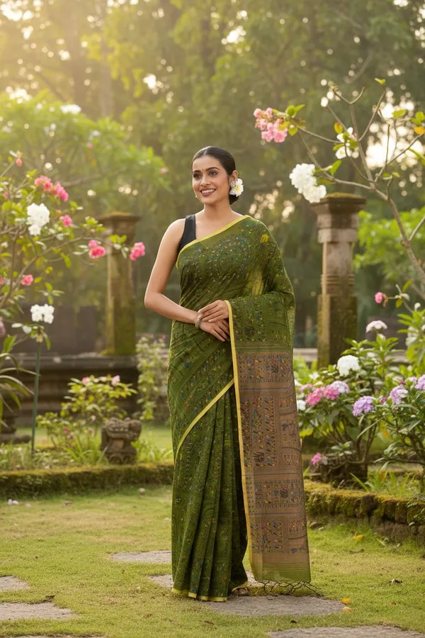 Olive_Green_Madhubani_Print_Cotton_Silk_Saree_With_Blouse