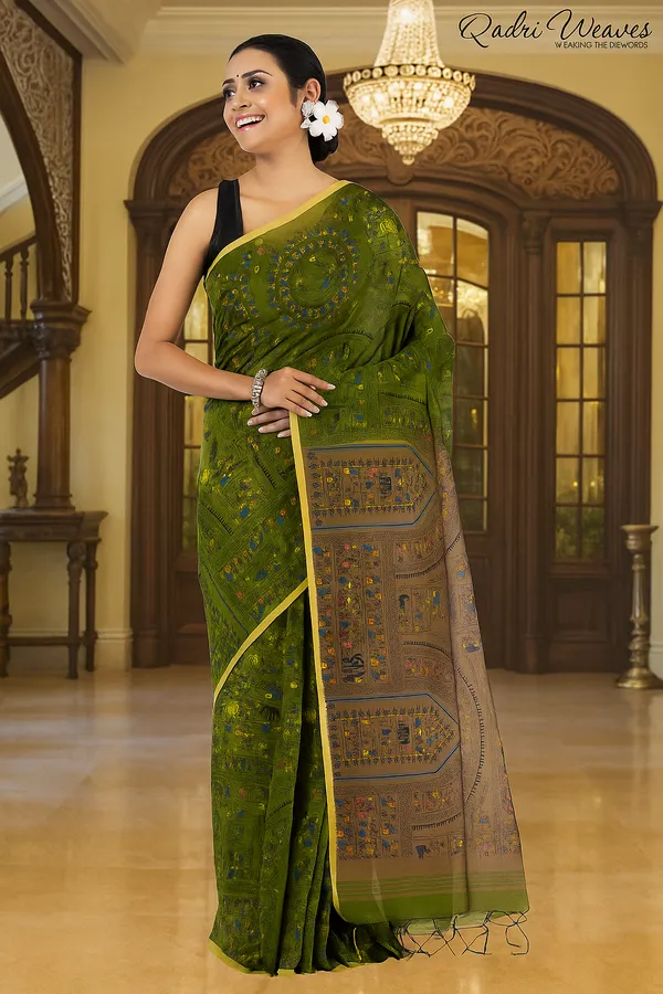Olive_Green_Madhubani_Print_Cotton_Silk_Saree_With_Blouse