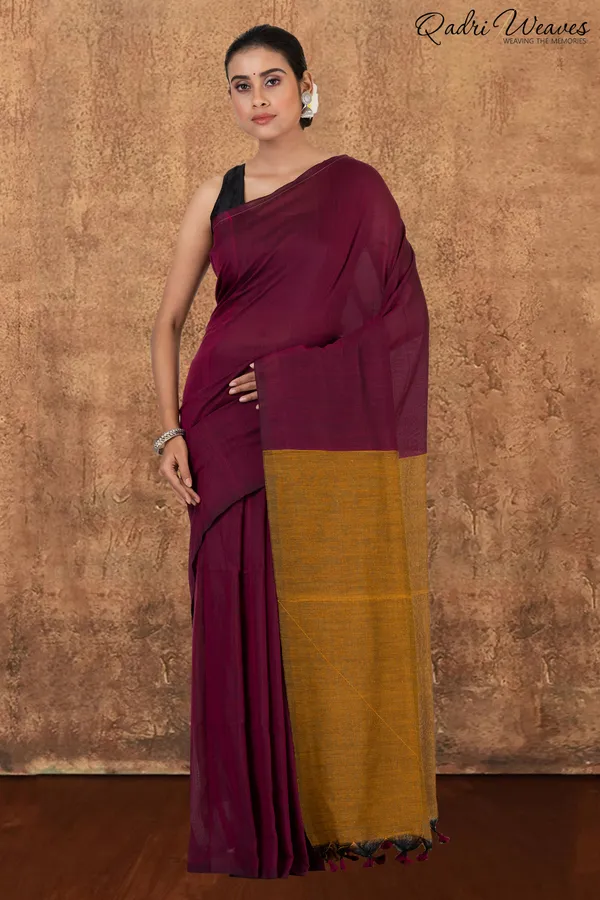 Rani_Pink_&_Mustard_Pallu_Khadi_Saree_With_Blouse