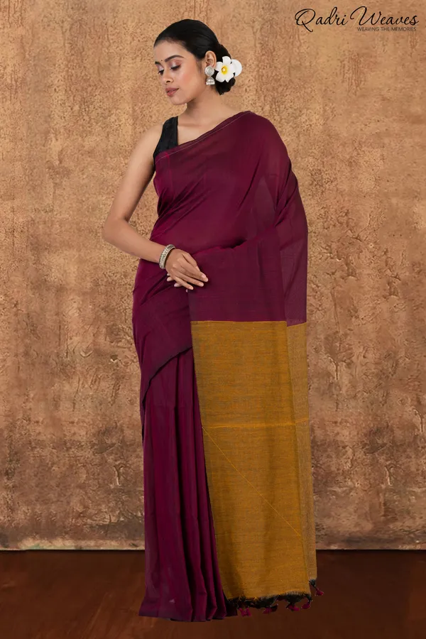 Rani_Pink_&_Mustard_Pallu_Khadi_Saree_With_Blouse