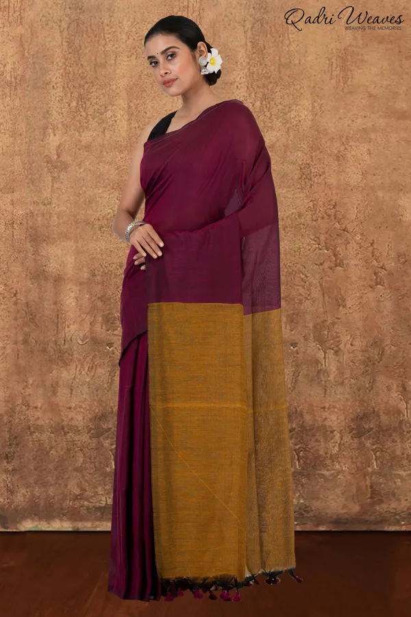 Rani_Pink_&_Mustard_Pallu_Khadi_Saree_With_Blouse