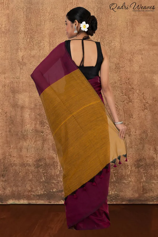 Rani_Pink_&_Mustard_Pallu_Khadi_Saree_With_Blouse