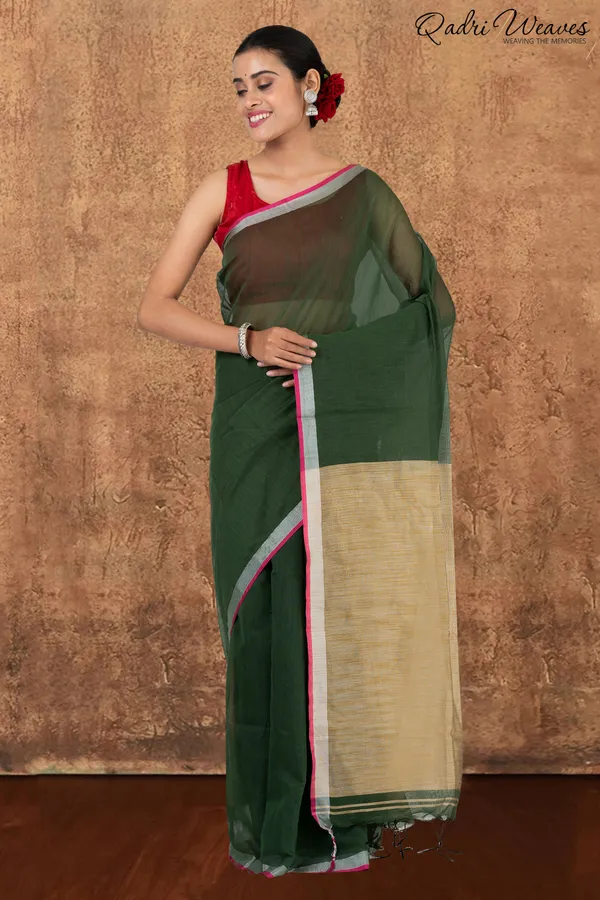 Seaweed_Green_&_Golden_Ghicha_Silk_Saree_With_Blouse