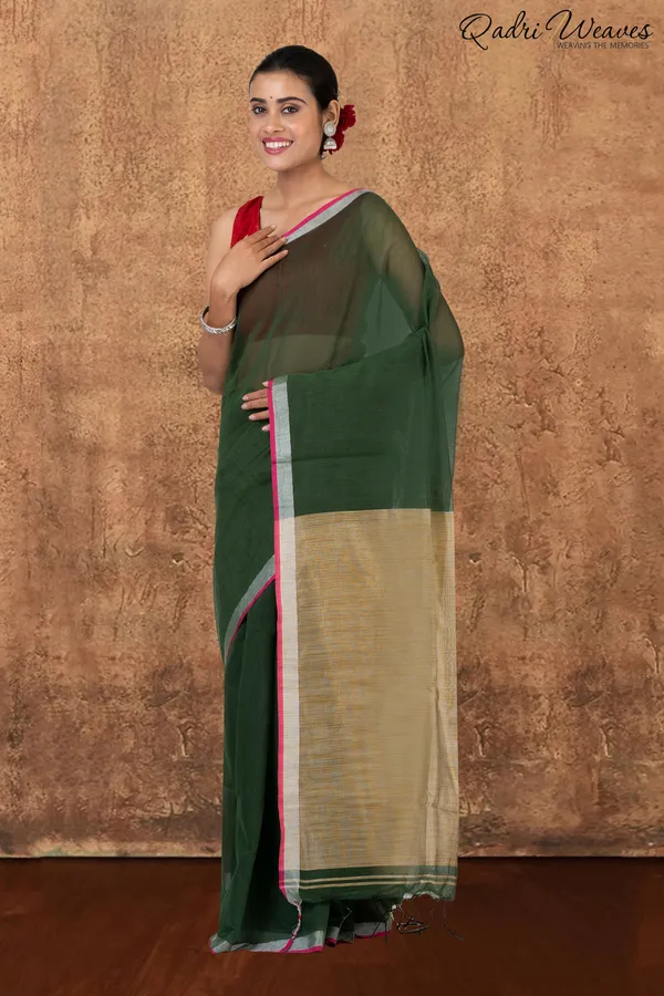 Seaweed_Green_&_Golden_Ghicha_Silk_Saree_With_Blouse
