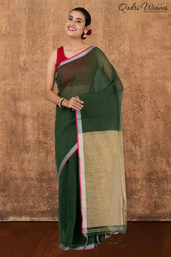 Seaweed_Green_&_Golden_Ghicha_Silk_Saree_With_Blouse