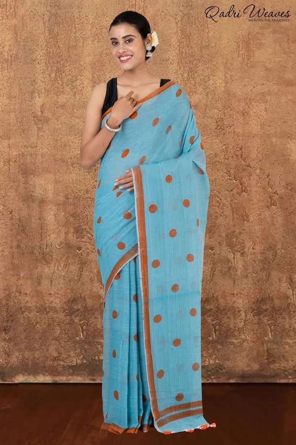 Light_Blue_With_Cobalt_Blue_Polka_Dot_Prints_Pure_Mulmul_Cotton_Saree