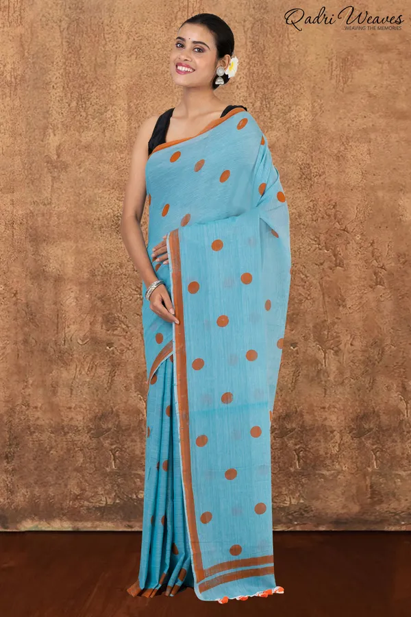 Light_Blue_With_Cobalt_Blue_Polka_Dot_Prints_Pure_Mulmul_Cotton_Saree
