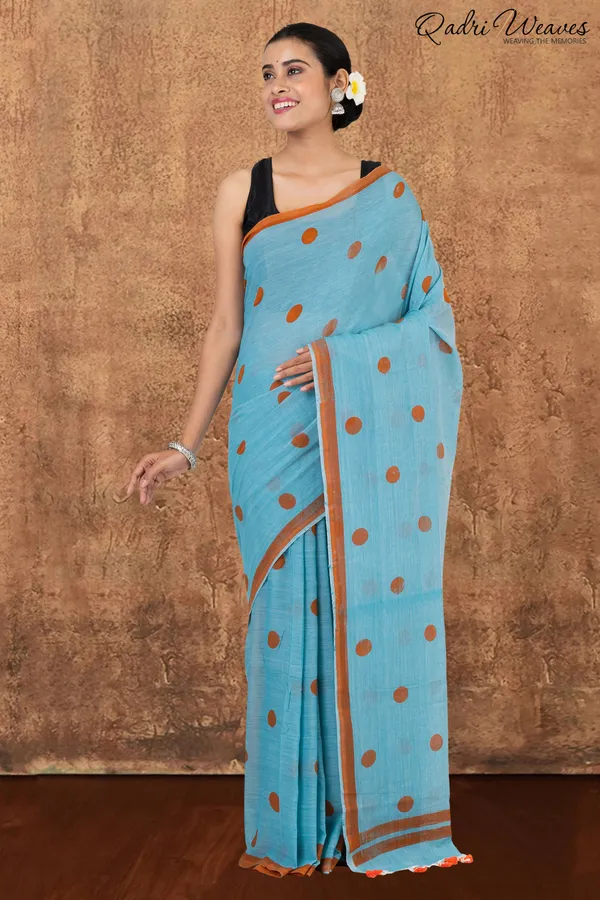 Light_Blue_With_Cobalt_Blue_Polka_Dot_Prints_Pure_Mulmul_Cotton_Saree