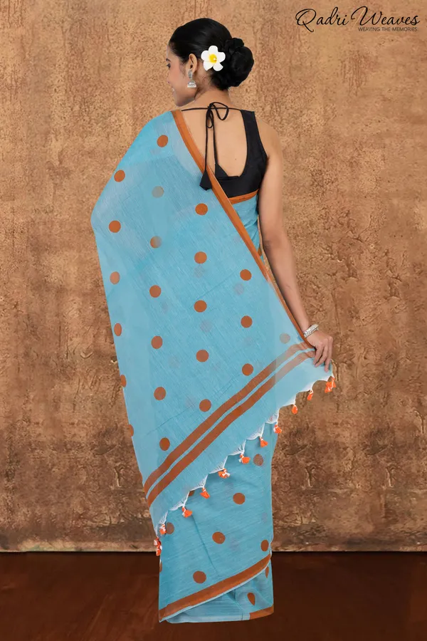 Light_Blue_With_Cobalt_Blue_Polka_Dot_Prints_Pure_Mulmul_Cotton_Saree