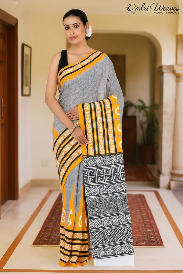 Printed_Orange_Ikat_Design_Pure_Mulmul_Saree_With_Blouse