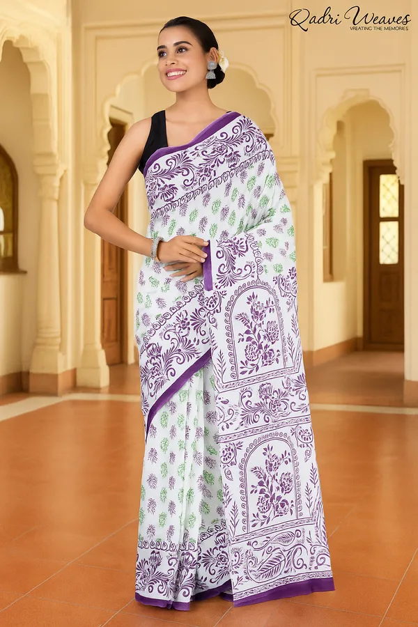 Printed_Purple_&_Green_Flower_Design_Pure_Mulmul_Saree_With_Blouse