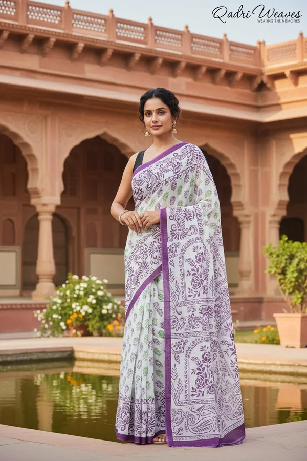 Printed_Purple_&_Green_Flower_Design_Pure_Mulmul_Saree_With_Blouse