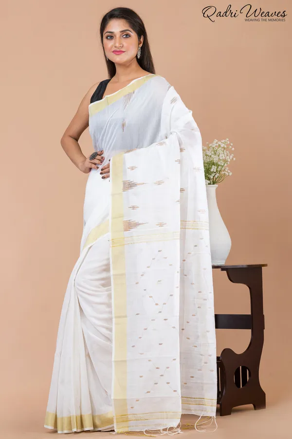 White_Cotton_Silk_Butti_Saree_With_Golden_Border