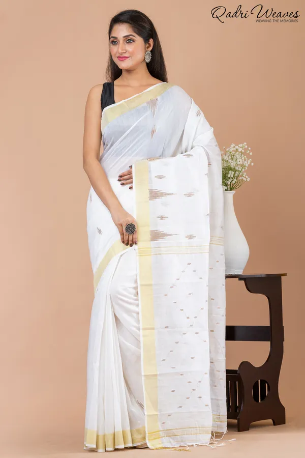 White_Cotton_Silk_Butti_Saree_With_Golden_Border