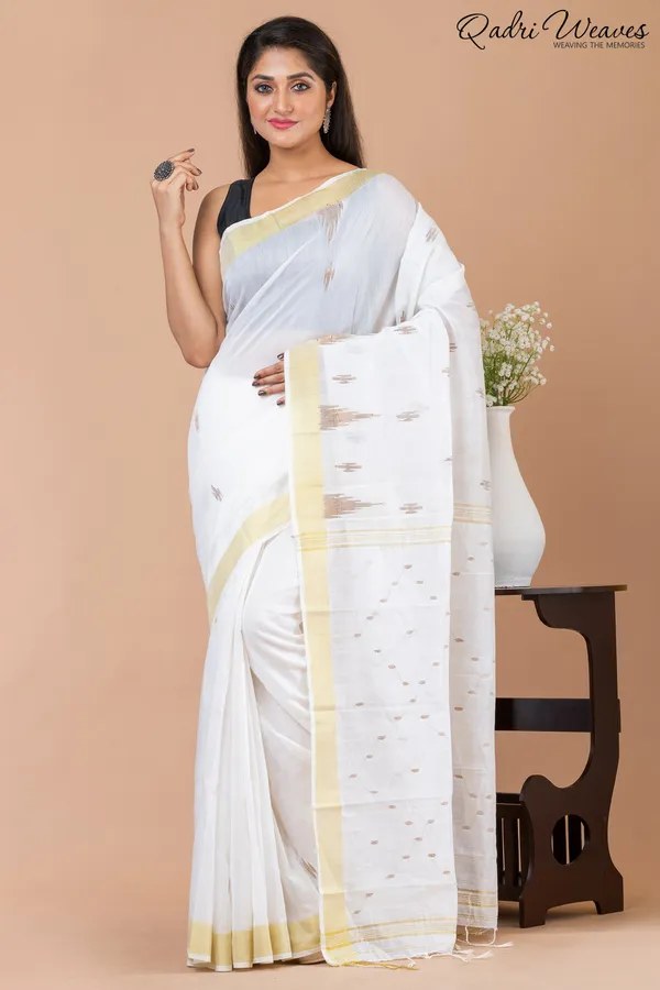 White_Cotton_Silk_Butti_Saree_With_Golden_Border