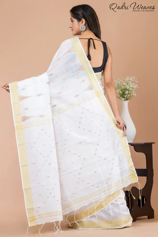 White_Cotton_Silk_Butti_Saree_With_Golden_Border