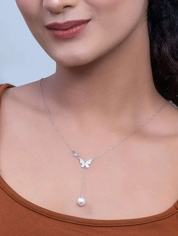 925_Silver_White_Swarovski_Zircon_With_Natural_Pearl_Chain_For_Women
