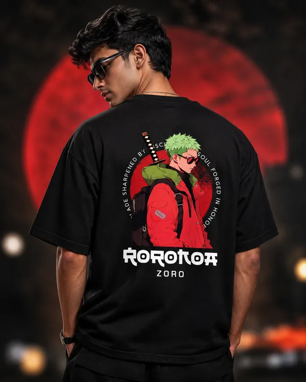 Black_French_Terry_Cotton_Oversized_Roronoa_Zoro_Graphic_T-Shirt_For_Unisex