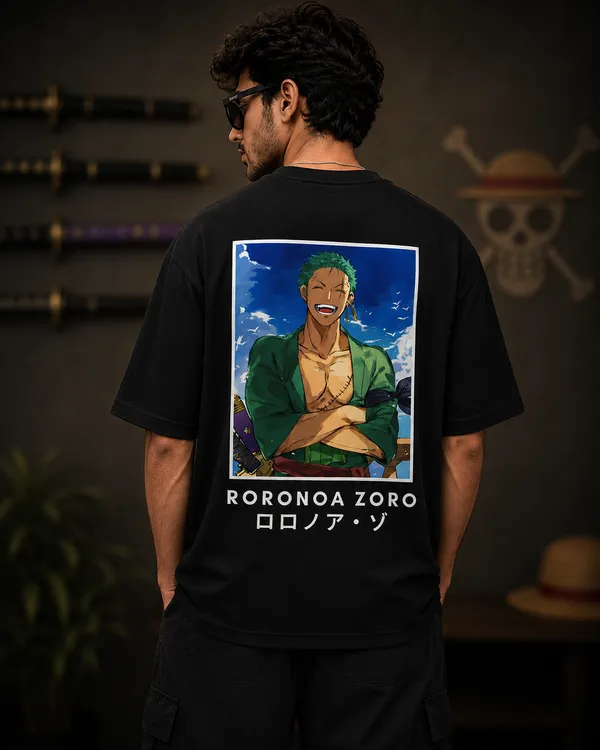 Black_French_Terry_Cotton_Oversized_Roronoa_Zoro_Anime_T-Shirt_For_Unisex