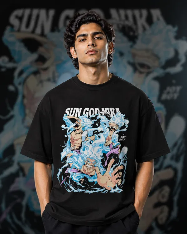 Black_French_Terry_Cotton_Oversized_Sun_God_Nika_Anime_T-Shirt_For_Unisex
