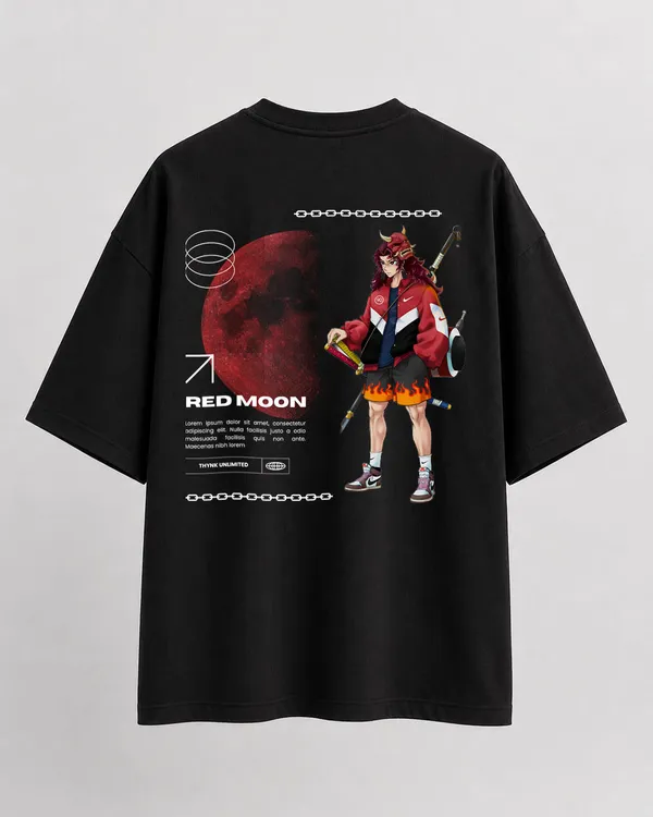 Black_French_Terry_Cotton_Oversized_Red_Moon_Anime_Graphic_T-Shirt_For_Unisex