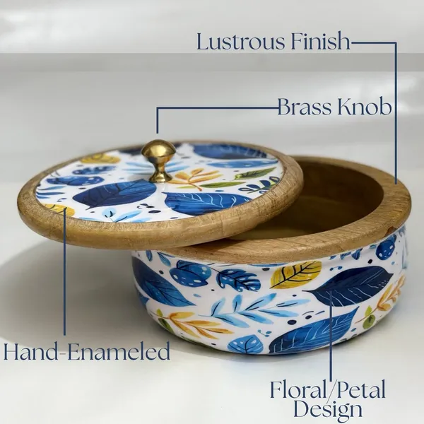 White_And_Blue_Handcrafted_And_Enamled_Wooden_Chapati_Box_|_Roti_Box_With_Lid_For_Kitchen_And_Dining_|_Blue_Leaf_Design_|_Multipurpose_Storage_Container|_Hotpot_For_Roti,_Cookies,_Snacks_|_1600_Ml_|_Ideal_For_Gifting