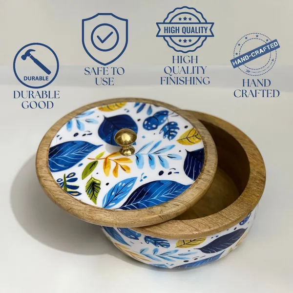 White_And_Blue_Handcrafted_And_Enamled_Wooden_Chapati_Box_|_Roti_Box_With_Lid_For_Kitchen_And_Dining_|_Blue_Leaf_Design_|_Multipurpose_Storage_Container|_Hotpot_For_Roti,_Cookies,_Snacks_|_1600_Ml_|_Ideal_For_Gifting