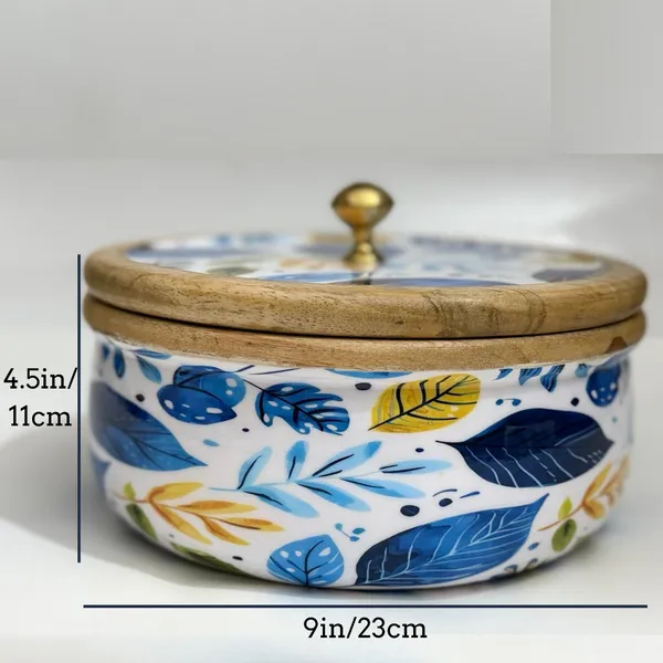 White_And_Blue_Handcrafted_And_Enamled_Wooden_Chapati_Box_|_Roti_Box_With_Lid_For_Kitchen_And_Dining_|_Blue_Leaf_Design_|_Multipurpose_Storage_Container|_Hotpot_For_Roti,_Cookies,_Snacks_|_1600_Ml_|_Ideal_For_Gifting