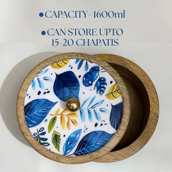 White_And_Blue_Handcrafted_And_Enamled_Wooden_Chapati_Box_|_Roti_Box_With_Lid_For_Kitchen_And_Dining_|_Blue_Leaf_Design_|_Multipurpose_Storage_Container|_Hotpot_For_Roti,_Cookies,_Snacks_|_1600_Ml_|_Ideal_For_Gifting