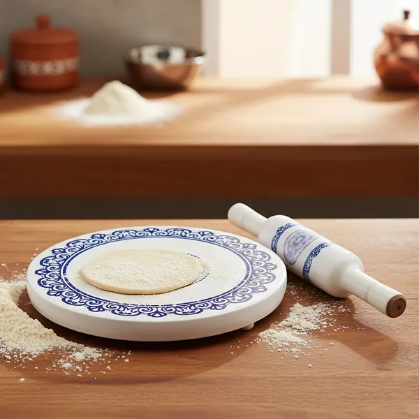 White_And_Blue_Premium_Wooden_Chakla_Belan_Set_|_Safe_To_Use_|_Designer_Print_With_Enamel_Coating_|_Heavy-Duty_Rolling_Board_And_Pin_For_Roti/Chapati_|_Traditional_Handcrafted_Kitchen_Tool_(Blue_Design)