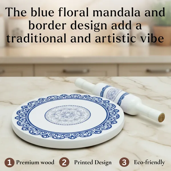 White_And_Blue_Premium_Wooden_Chakla_Belan_Set_|_Safe_To_Use_|_Designer_Print_With_Enamel_Coating_|_Heavy-Duty_Rolling_Board_And_Pin_For_Roti/Chapati_|_Traditional_Handcrafted_Kitchen_Tool_(Blue_Design)