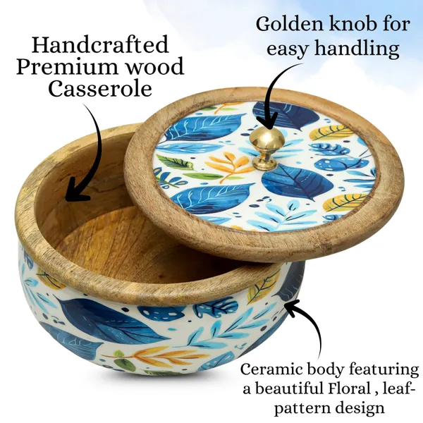 White_And_Blue_Wooden_Handcrafted_Chapati_Container/Hotpot_With_Beautiful_Petal_Design_|_Enamel_Coated_Outside_For_Elegant_Look_|_Safe_To_Use