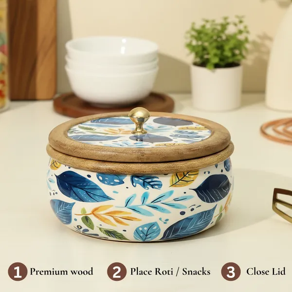 White_And_Blue_Wooden_Handcrafted_Chapati_Container/Hotpot_With_Beautiful_Petal_Design_|_Enamel_Coated_Outside_For_Elegant_Look_|_Safe_To_Use