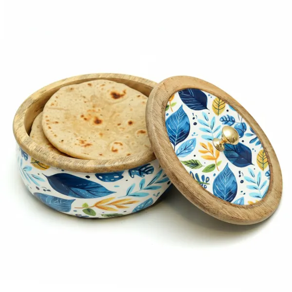 White_And_Blue_Wooden_Handcrafted_Chapati_Container/Hotpot_With_Beautiful_Petal_Design_|_Enamel_Coated_Outside_For_Elegant_Look_|_Safe_To_Use