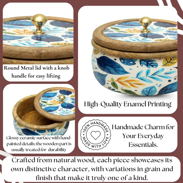 White_And_Blue_Wooden_Handcrafted_Chapati_Container/Hotpot_With_Beautiful_Petal_Design_|_Enamel_Coated_Outside_For_Elegant_Look_|_Safe_To_Use