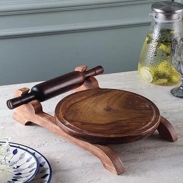 Brown_Wooden_Handcrafted_Solid_Sheesham_Wood_Chakla_Belan_Set_With_Stand_|_Rolling_Pin_|_Roti/Chapati_Maker