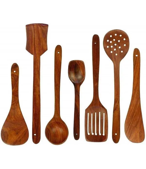 Brown_Wooden_Handmade_Spatula/Spoon_Set_Of_7_|_Kitchen_Spoons_Set_For_Cooking_And_Serving