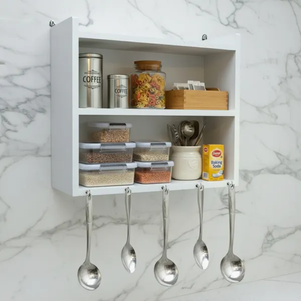 White_Wooden_Kitchen_Storage_Shelf_With_Hooks_For_Spoons_And_Other_Items_|_With_Inbuilt_Hanging_Hooks