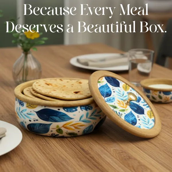 White_And_Blue_Handcrafted_And_Enamled_Wooden_Chapati_Box_|_Roti_Box_With_Lid_For_Kitchen_And_Dining_|_Blue_Leaf_Design_|_Multipurpose_Storage_Container|_Hotpot_For_Roti,_Cookies,_Snacks_|_1600_Ml_|_Ideal_For_Gifting