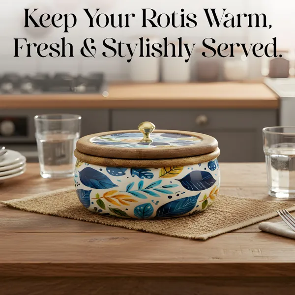 White_And_Blue_Handcrafted_And_Enamled_Wooden_Chapati_Box_|_Roti_Box_With_Lid_For_Kitchen_And_Dining_|_Blue_Leaf_Design_|_Multipurpose_Storage_Container|_Hotpot_For_Roti,_Cookies,_Snacks_|_1600_Ml_|_Ideal_For_Gifting