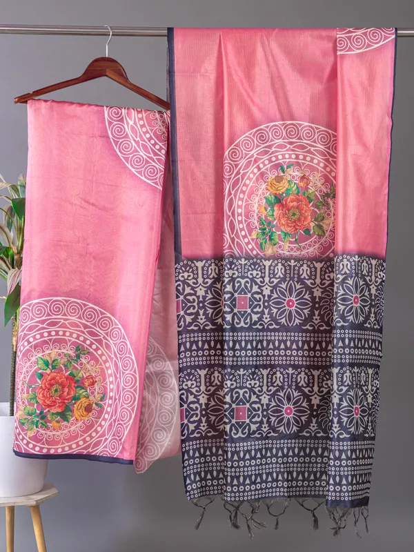 Soft_Tussar_Silk_sarees_with_Beautiful_Digital_Print_With_Attractive_Checks_Design_Saree_And_Digital_Print_Blouse_With_Tassels
