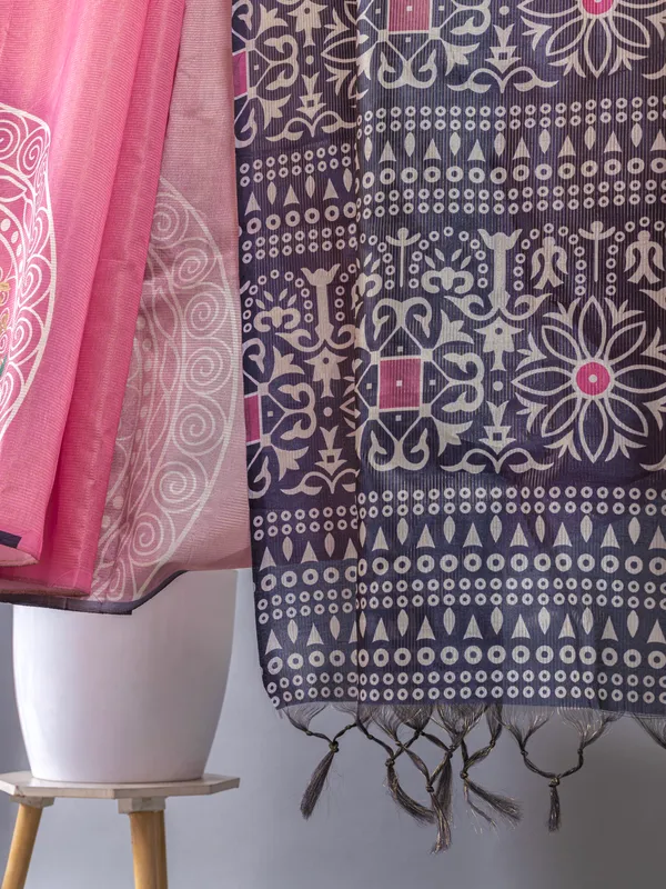 Soft_Tussar_Silk_sarees_with_Beautiful_Digital_Print_With_Attractive_Checks_Design_Saree_And_Digital_Print_Blouse_With_Tassels