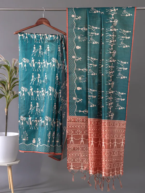 Soft_Tussar_Silk_sarees_with_Beautiful_Digital_Print_With_Attractive_Checks_Design_Saree_And_Digital_Print_Blouse_With_Tassels