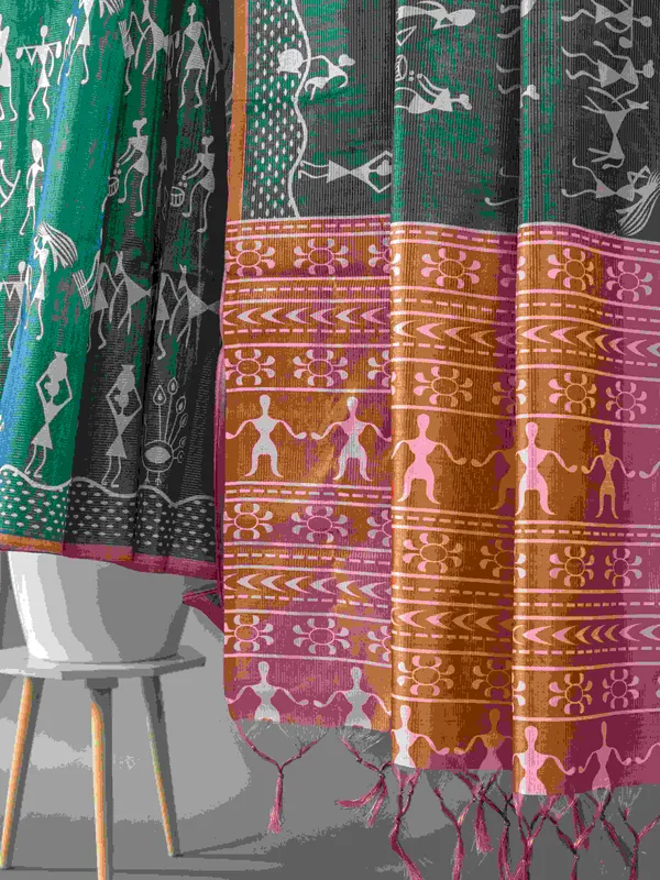 Soft_Tussar_Silk_sarees_with_Beautiful_Digital_Print_With_Attractive_Checks_Design_Saree_And_Digital_Print_Blouse_With_Tassels