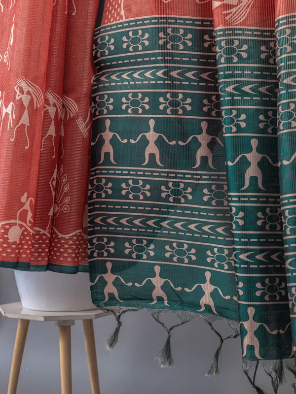 Soft_Tussar_Silk_sarees_with_Beautiful_Digital_Print_With_Attractive_Checks_Design_Saree_And_Digital_Print_Blouse_With_Tassels