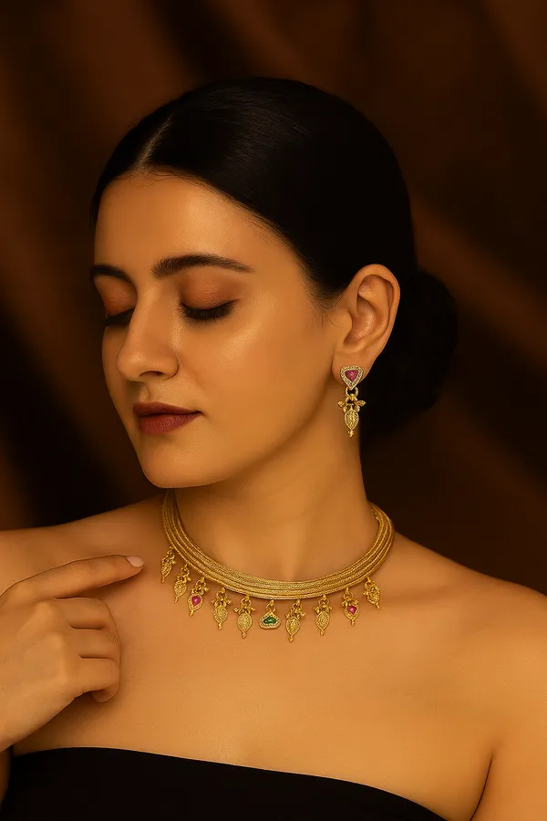 Traditional_Gold-Plated_Choker_Necklace_Set_With_Ruby_&_Emerald_Stones,_Antique_Pendant_&_Matching_Earrings_(Half_Round)_(Jweliance)