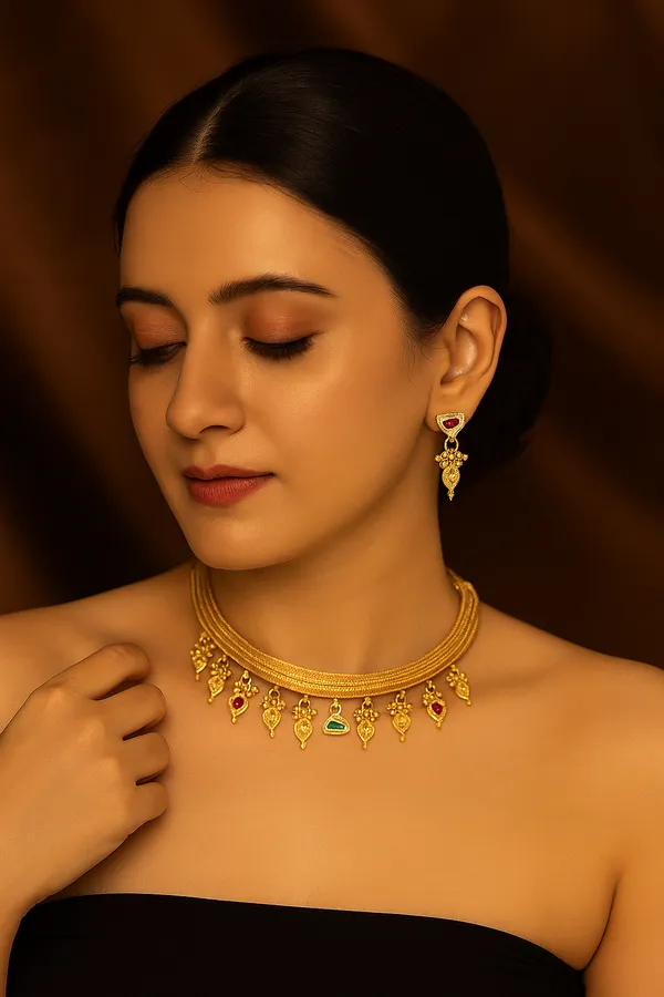 Traditional_Gold-Plated_Choker_Necklace_Set_With_Ruby_&_Emerald_Stones,_Antique_Pendant_&_Matching_Earrings_(Half_Round)_(Jweliance)
