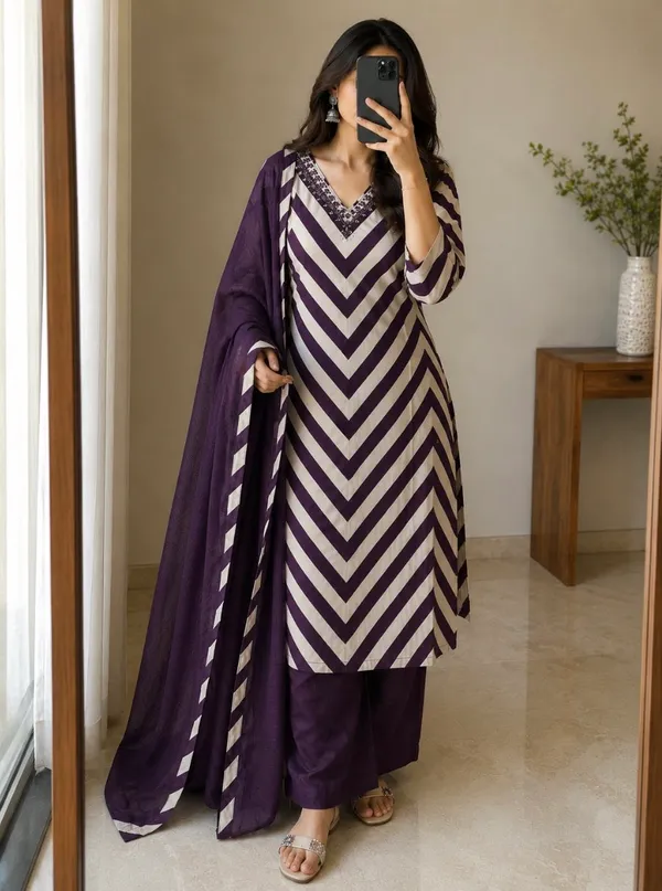 Beautifull_Zik_Zak_Proceen_Print_Kurti_With_pant_And_Dupatta_Set