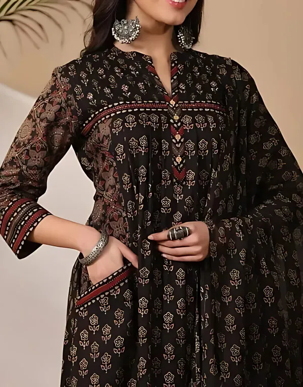 Black_Pure_Cotton_Ajrakh_Ethnic_Kurta_Set_For_Woman_Girls